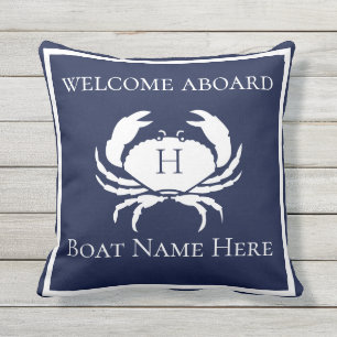 Custom Nautical CRAB White Navy Blue Boat Outdoor Pillow