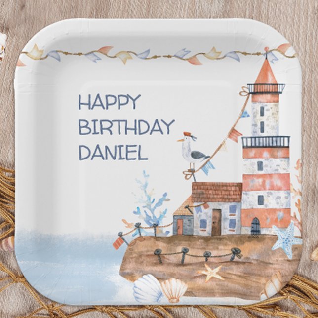 Custom Nautical Lighthouse Paper Plate (Personalized plate for nautical themed birthday party)