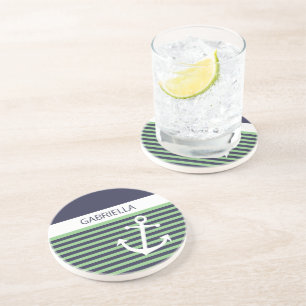 Custom Nautical Lime Sage Green Stripe Pattern Coaster
