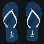 Custom nautical monogram beach wedding flip flops<br><div class="desc">Personalized beach wedding flip flops for bride and groom or guests. Elegant party favour set with custom last name or monogram and sailing ship / boat anchor icon. Custom background and strap colour for him and her / men and women. Romantic navy blue and white his and hers wedge sandals...</div>