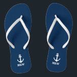 Custom nautical monogram beach wedding flip flops<br><div class="desc">Personalized beach wedding flip flops for bride and groom or guests. Elegant party favour set with custom last name or monogram and sailing ship / boat anchor icon. Custom background and strap colour for him and her / men and women. Romantic navy blue and white his and hers wedge sandals...</div>