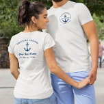 Custom Nautical Navy Blue Captain and Boat Name T-Shirt<br><div class="desc">Custom nautical t-shirt design features a simple, stylish navy blue coastal style design on the front and back with boat anchor accent and Welcome Aboard message on the back. Personalize the custom text with the name of the boat, boat owner / captain, location, or other preferred wording. Navy blue colour...</div>