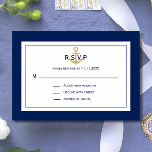 Custom Nautical Navy Blue Gold Anchor RSVP Wedding Card