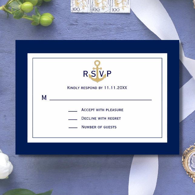 Custom Nautical Navy Blue Gold Anchor RSVP Wedding Card (Creator Uploaded)