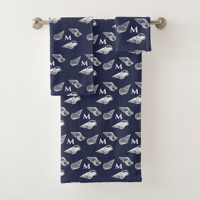 Custom Nautical Navy Blue Seashell Beach house Bath Towel Set (Insitu)