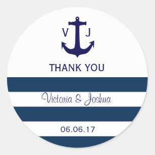 Custom Nautical Navy Blue Stripes Anchor Wedding Classic Round Sticker