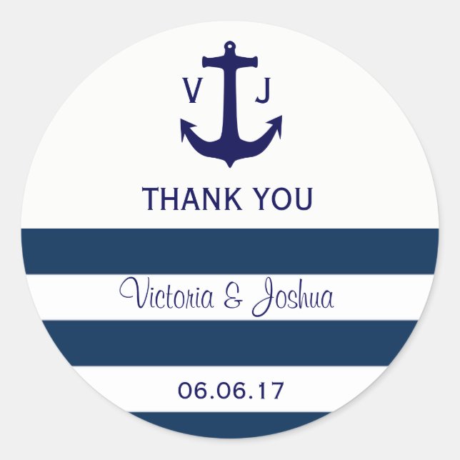 Custom Nautical Navy Blue Stripes Anchor Wedding Classic Round Sticker (Front)