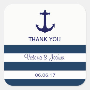 Custom Nautical Navy Blue Stripes Anchor Wedding Square Sticker