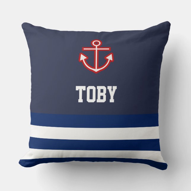 Custom Nautical Navy White Stripes Throw Pillow (Front)
