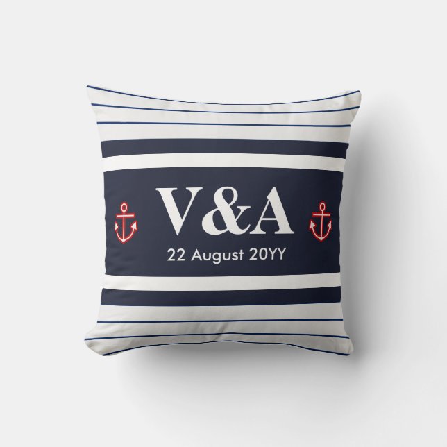 Custom Nautical Navy White Stripes Throw Pillow (Front)