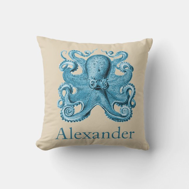 Custom Nautical Octopus in Blue and Tan Throw Pillow (Front)