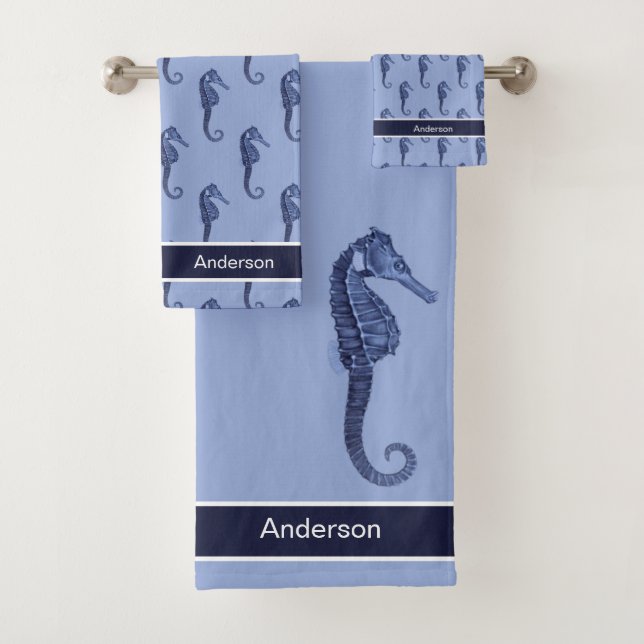 Custom Nautical Seahorse Bathroom  Blue Bath Towel Set (Insitu)