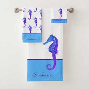 Custom Nautical Seahorse Bathroom Blue Purple  Bath Towel Set