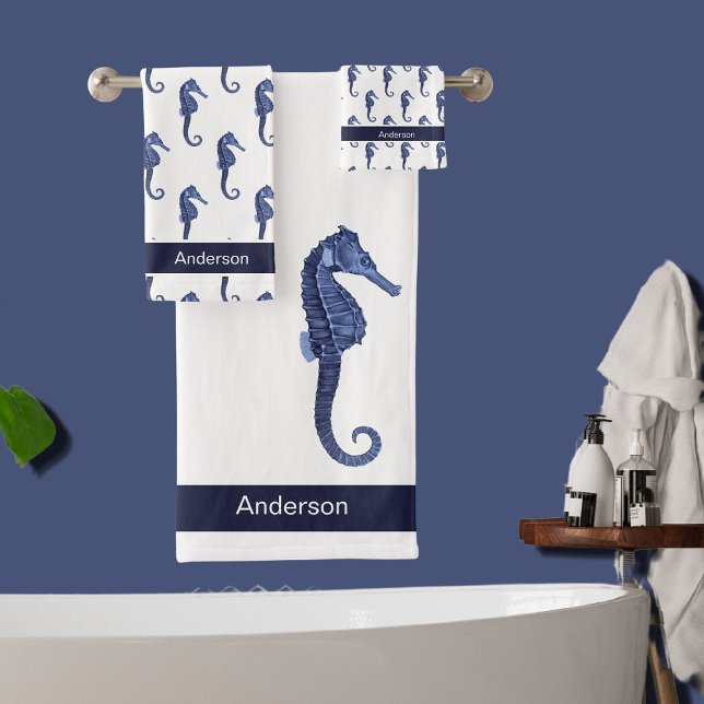 Custom Nautical Seahorse Bathroom Sea Blue Bath To Towel Set (Creator Uploaded)