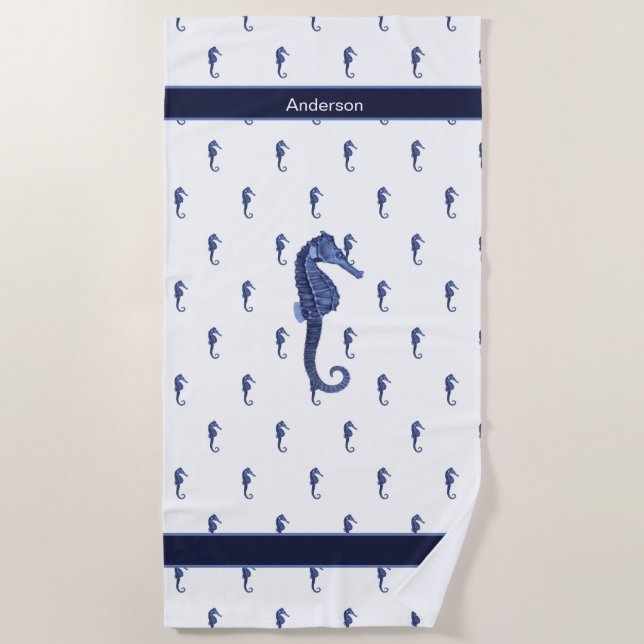 Custom Nautical Seahorse Bathroom Sea Blue Beach Towel (Front)