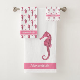 Custom Nautical Seahorse Bathroom Sea Coral Pink Bath Towel Set