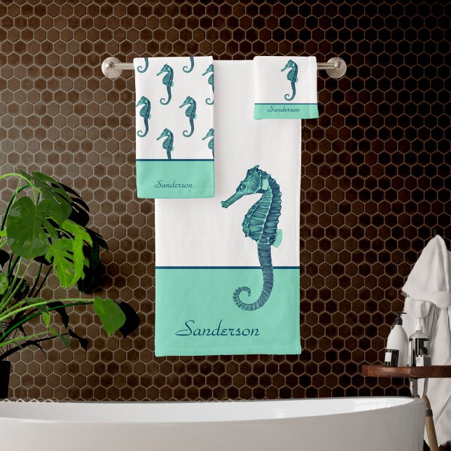 Custom Nautical Seahorse Bathroom Teal Blue Aqua B Bath Towel Set (Creator Uploaded)