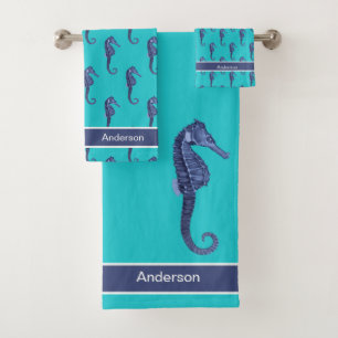 Custom Nautical Seahorse Bathroom Turquoise Blue Bath Towel Set