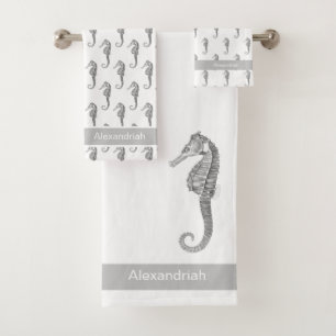 Custom Nautical Seahorse Grey and White Bathroom Bath Towel Set