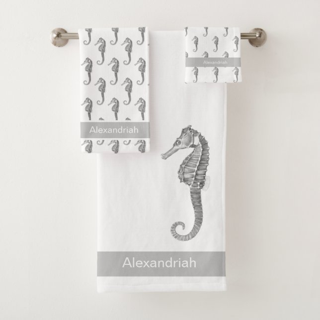 Custom Nautical Seahorse Grey and White Bathroom Bath Towel Set (Insitu)