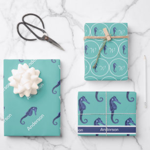 Custom Nautical Seahorse teal Monogrammed Wrapping Paper Sheet
