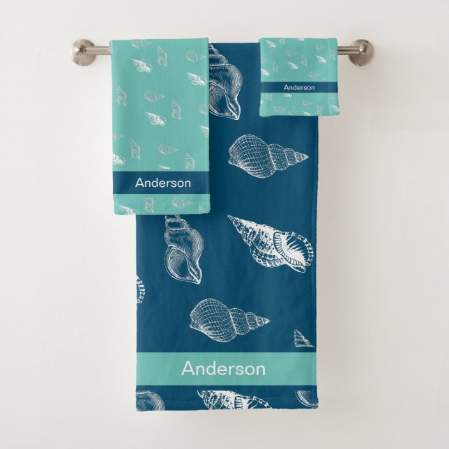 Custom Nautical Seashell Bathroom Ocean Teal  Blue Bath Towel Set (Insitu)
