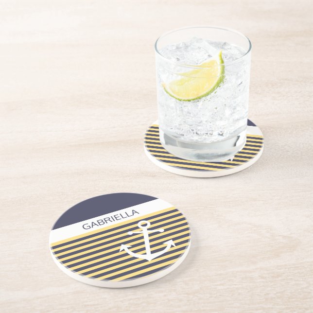 Custom Nautical Sunny Summer Yellow Stripe Pattern Coaster (Side)