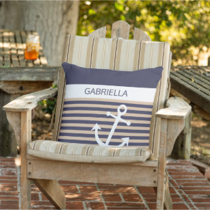 Custom Nautical Taupe Beige Brown Stripe Pattern Outdoor Pillow