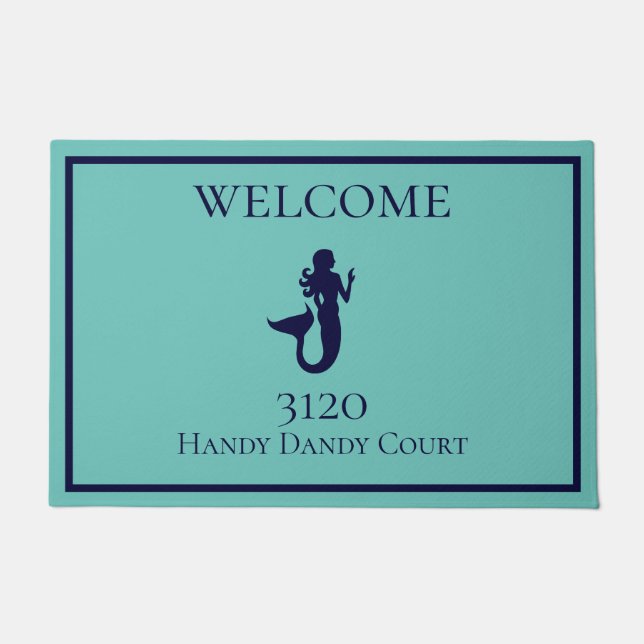 Custom Nautical Teal Navy Blue Mermaid Doormat (Front)