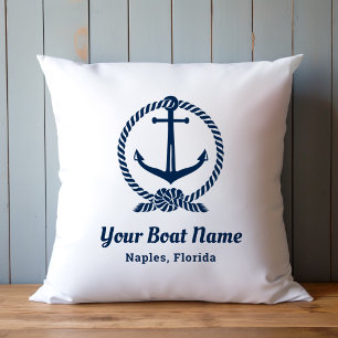 Custom Nautical White and Navy Boat Name Anchor Throw Pillow
