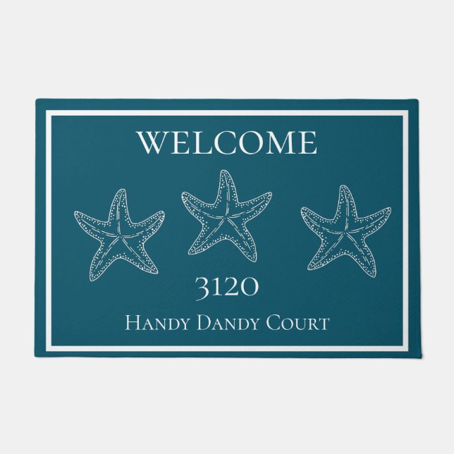Custom Nautical White Dark Teal Blue Starfish Doormat (Front)