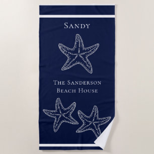 Custom Nautical White Navy Blue Starfish   Beach T Towel