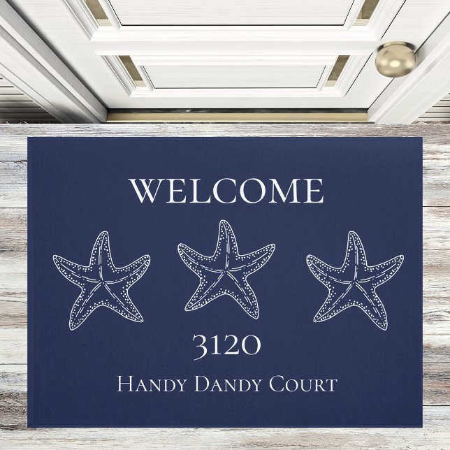Custom Nautical White Navy Blue Starfish Doormat (Creator Uploaded)