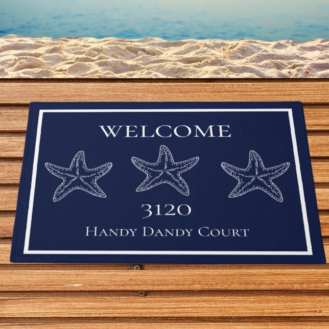 Custom Nautical White Navy Blue Starfish Doormat (Creator Uploaded)