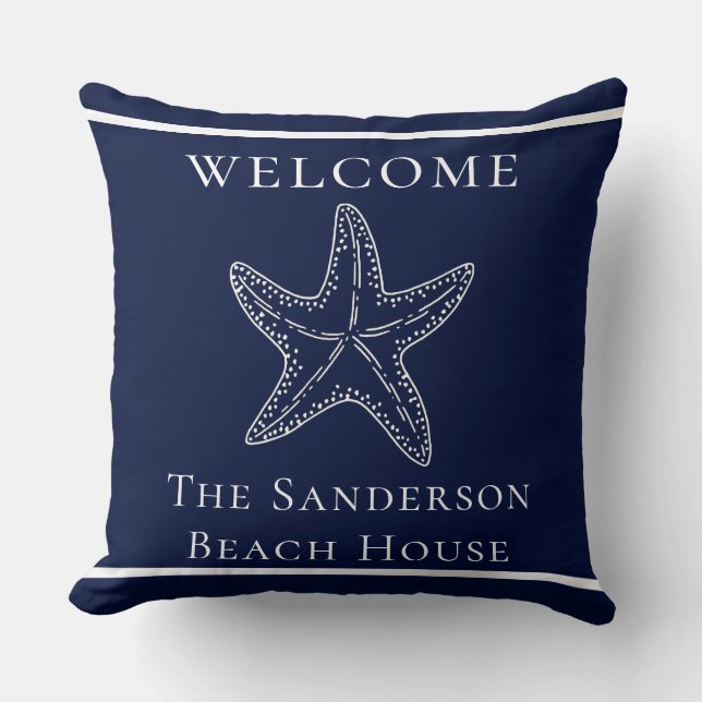 Custom Nautical White Navy Blue Starfish Throw Pil Throw Pillow (Front)