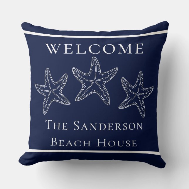 Custom Nautical White Navy Blue Starfish Throw Pillow (Front)