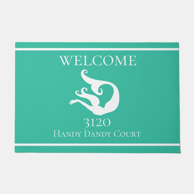 Custom Nautical White Teal Blue Mermaid Doormat (Front)
