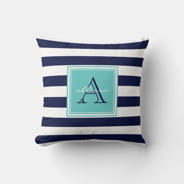 CUSTOM Navy Aqua Monogrammed Awning Stripe Throw Pillow (Front)