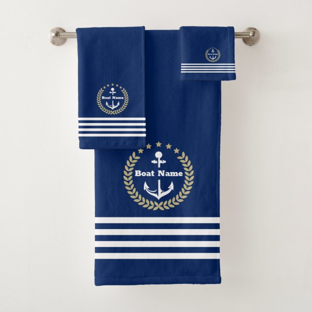 Custom Navy Bath Towel Set with Personalized Name (Insitu)