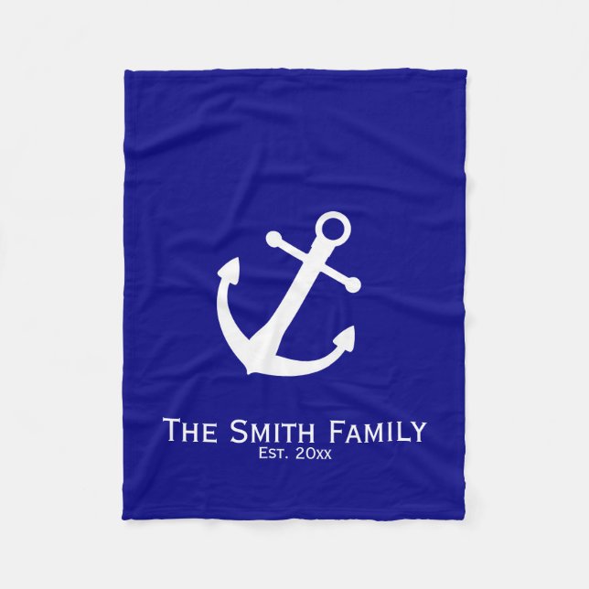 Custom Navy Blue and White Nautical Anchor Blanket (Front)