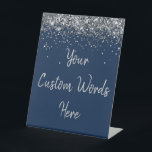Custom Navy Blue Birthday Party Your Text Here Pedestal Sign<br><div class="desc">personalized silver glitter table top,  sweet 16 quinceanera sixteen 16th,  40th 50th wedding reception gift,  personalised anniversary 30th 21st 15th,  bachelorette bridal 20th twenty fifth,  25th 35th 45th first daughter,  girl wife mom 1st granddaughter,  grandson son boy 5th 10th,  18th 60th 70th hen night,  for baby shower 80th dad</div>
