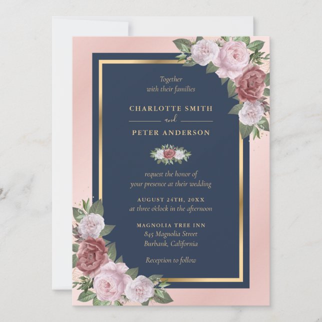 Custom Navy Blue Blush Pink Gold Floral Wedding Invitation (Front)