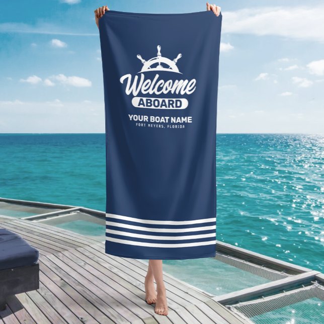  Custom Navy Blue Boat Name Welcome Aboard Beach Towel (Creator Uploaded)