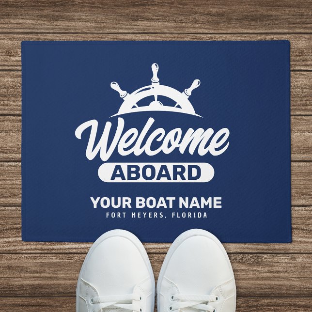  Custom Navy Blue Boat Name Welcome Aboard Doormat (Creator Uploaded)