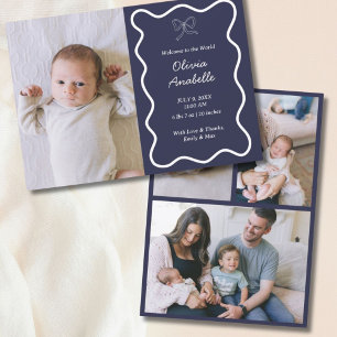 Custom Navy Blue Bow Wavy Boho Collage Baby Birth Announcement