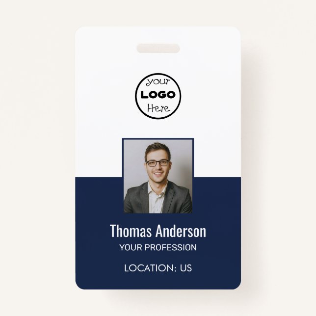 Custom Navy Blue Business Logo Employee Photo ID  Badge (Front)