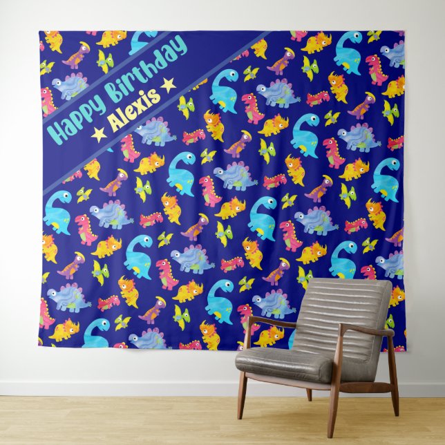 Custom Navy Blue Colourful Dinosaur Theme Birthday Tapestry (In Situ (Horizontal))