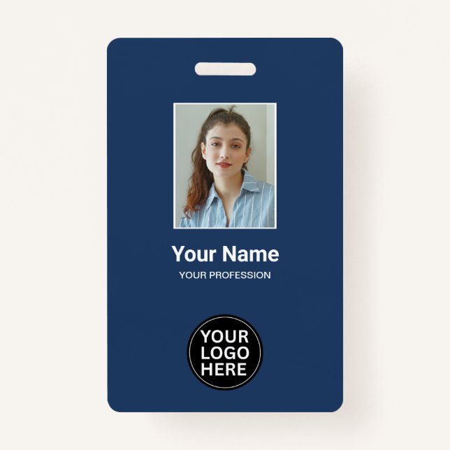 Custom Navy Blue Employee Photo ID Logo Name Badge (Front)