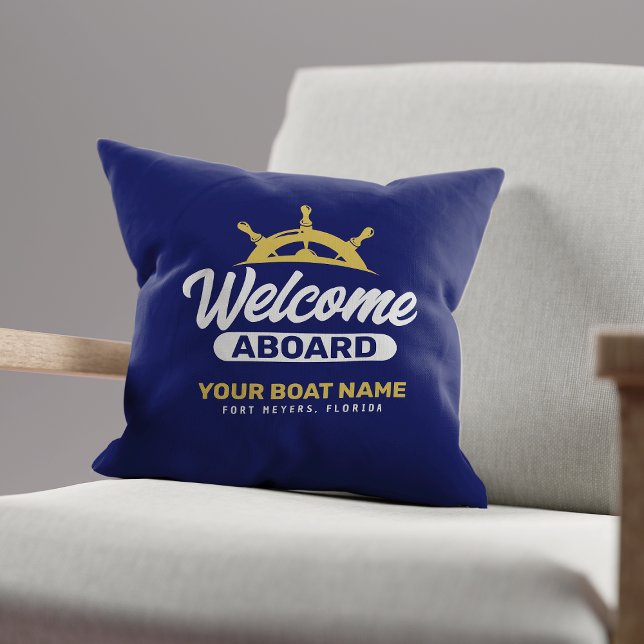  Custom Navy Blue & Gold Boat Name Welcome Aboard Throw Pillow (Creator Uploaded)