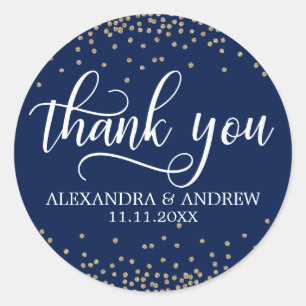 Custom Navy Blue Gold Confetti Wedding Thank You Classic Round Sticker